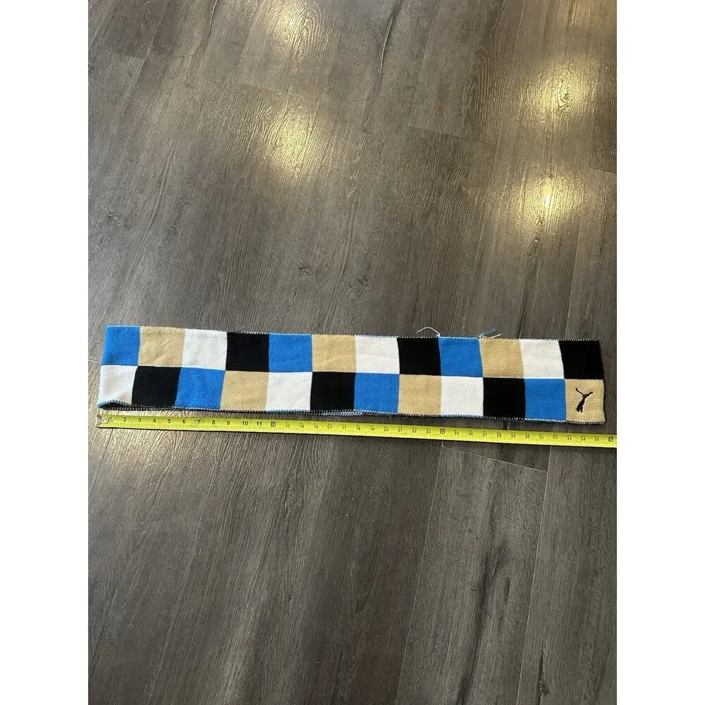Puma scarf Blue Black Tan Block Pattern Winter Knit OSFM